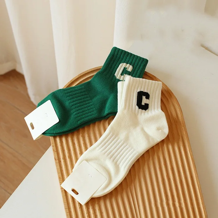 

5Pairs/Lot Socks For Women'S Cotton Stockings Boat Casual Letter C Solid White Black Green Fashion Sport Streetwear Ankle Socks