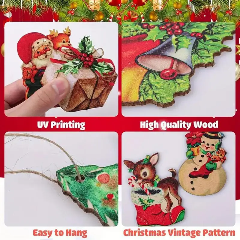 24 шт. деревянные елочные украшения винтажные рождественские яркие цвета