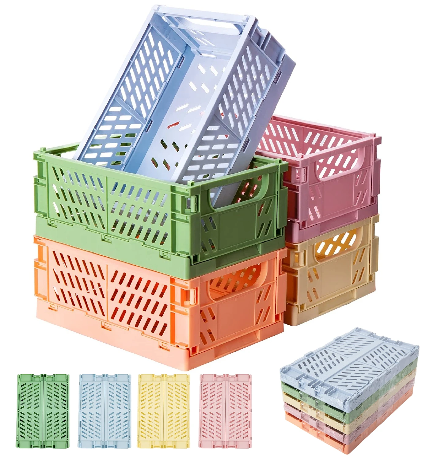 

Mini (5.9 "x 3.8"）Plastic Folding Storage Baskets for Office，Pastel Crates for Desk Organizers，Baskets for Home Kitchen Decor