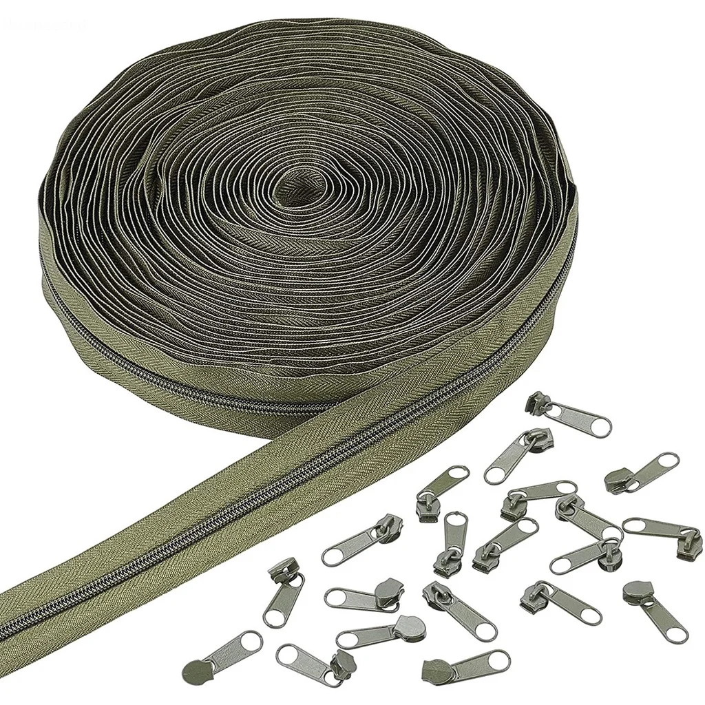 

11 Yard/10m Nylon Zippers #3 Sewing Zippers Nylon Coil Zippers with 20PCS Alloy Zipper Puller for Tailor Sewing Crafts Olive