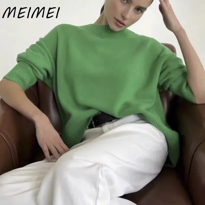 

Женский плотный вязаный свитер с круглым вырезом и длинным рукавом