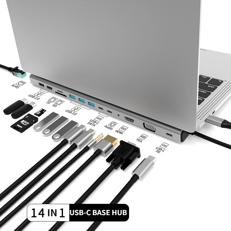 

14 In 1 Type C Docking Stations for MacBook Pro Laptop HUB PD100W USB3.0 RJ45 Dock Station Usb C for MacBook Air Base Gigabit