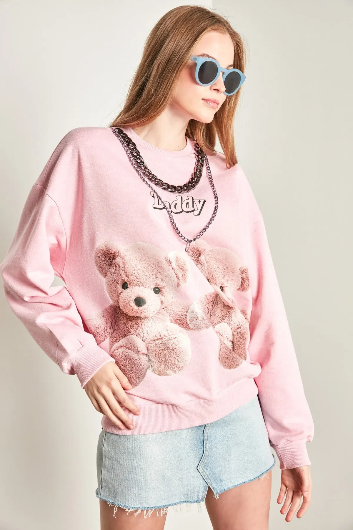 

Women's Sweatshirt Pink Teddy Bear Printed Double Chain Detailed Hoodies Fashion All Season New Pullovers