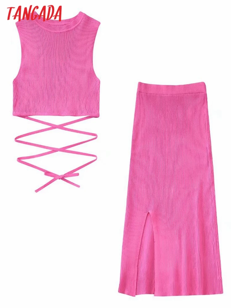 

Tangada Chic Solid Knit Suit Women Skirt Set 2022 Fashion New Suit 2 Piece Set Sweet Top and Skirt BE728