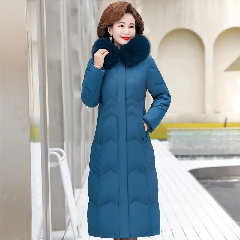 2022 New Winter X-Long Jacket for Women Casual Thick Warm Middle-aged Female Coat Hooded Fur Collar Elegant Winter Parkas