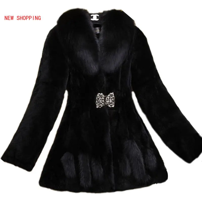 Soft Faux Fur Coat Women Slim Waist Diamond Button Plus Size Long Sleeve Turn-down Collar Winter Womens Rabbit Fur Jacket Warm