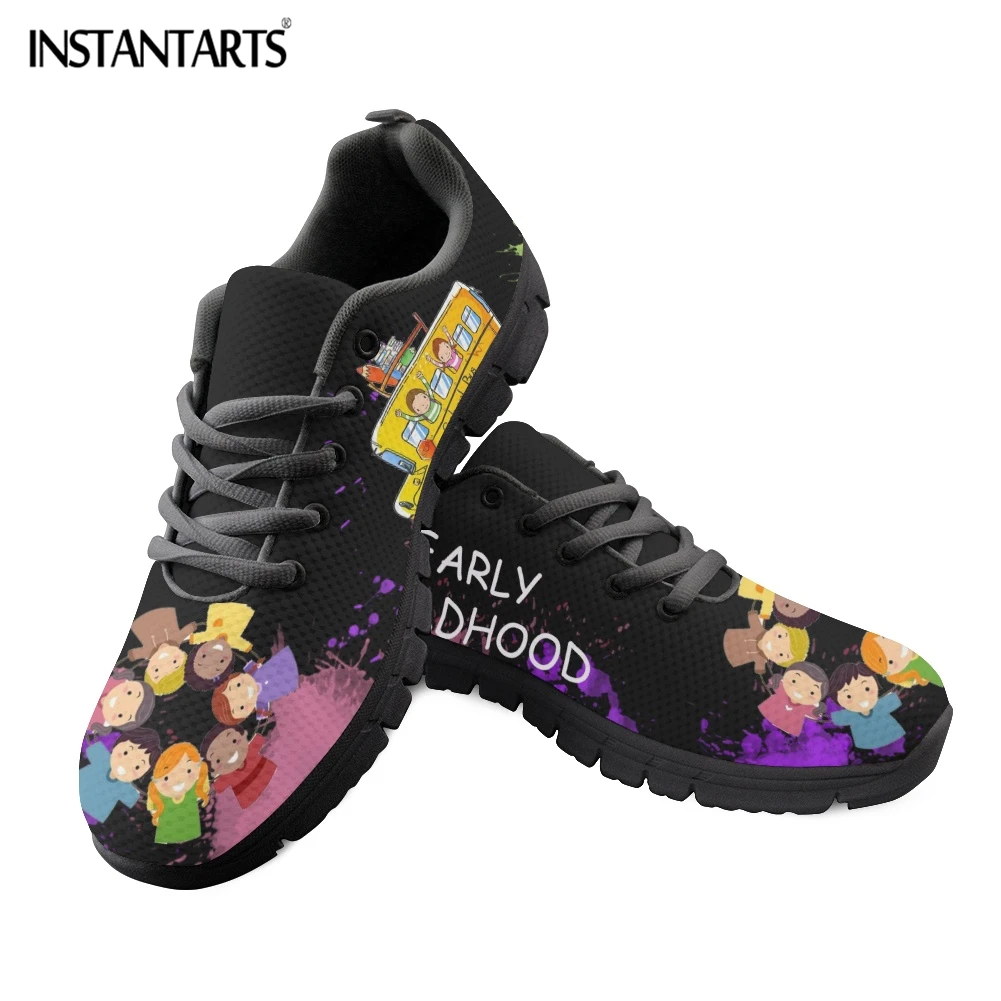 

INSTANTARTS Childrenhood and School Bus Design Casual Sneakers for Women Breathable Lace up Flat Shoes Light Footwear Zapatillas