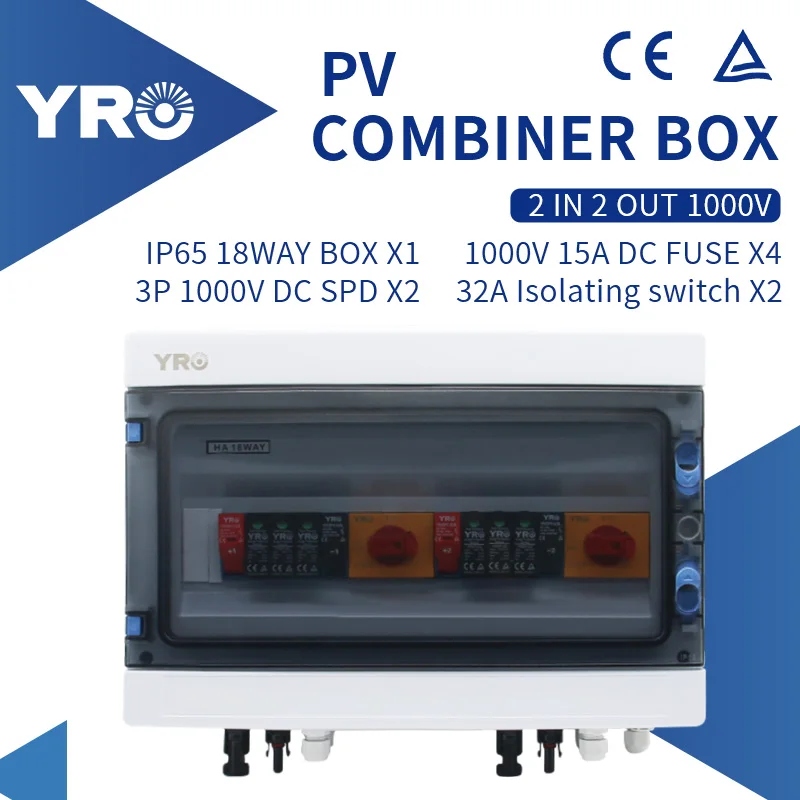Caja combinadora Solar PV 2 en 2, 1000V, con protección contra rayos, fusible DC MCB SPD, resistente al agua