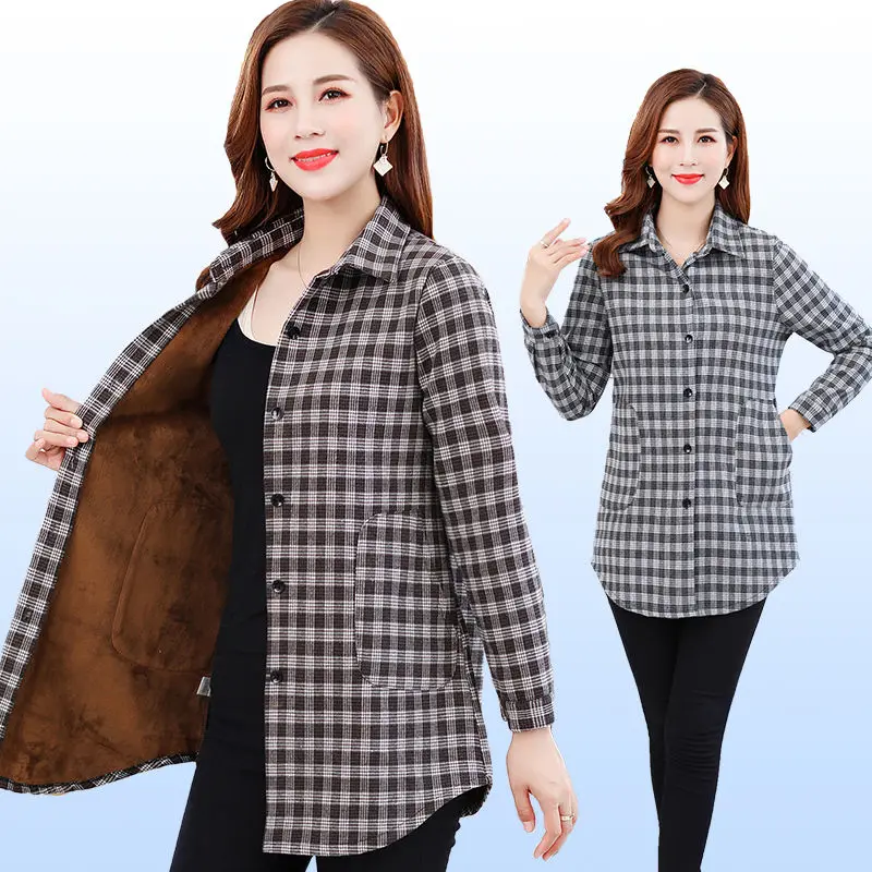 

Plaid 2022 Thicken Keep Warm Women's Plaid Shirt Female Long Sleeve Tops Winter Fleece Casual Check Blouse Autumn Clothes T851