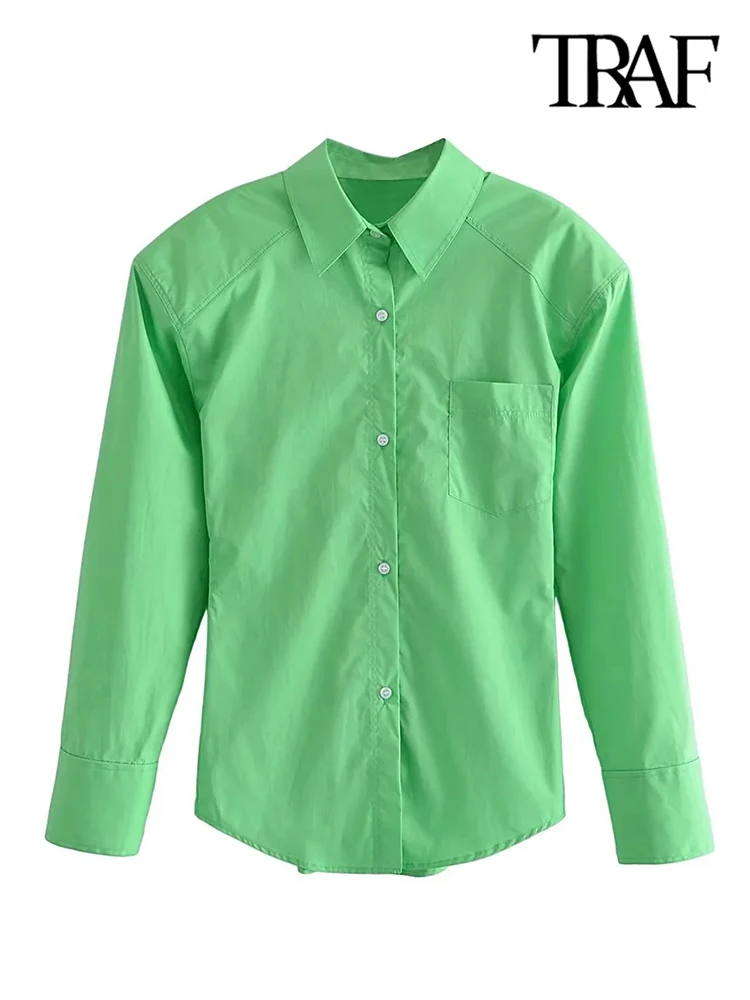 

TRAF Women Fashion Patch Pocket Fitted Green Shirts Vintage Long Sleeve Button-up Female Blouses Blusas Chic Tops