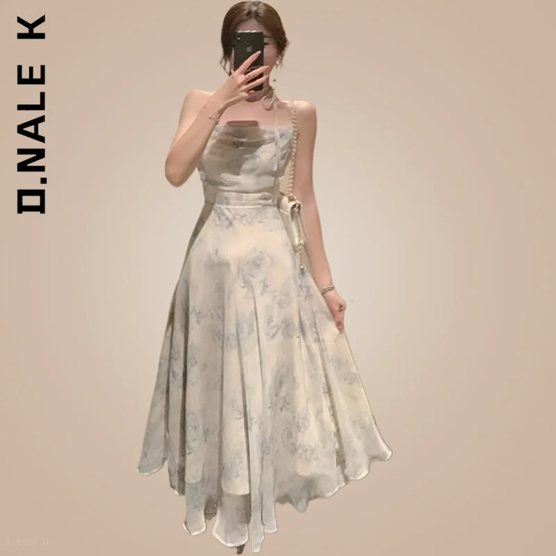 

D.Nale K Summer Sleeveless Chiffon Sweet Dress Party Midi Elegant Dress Women 2022 Strap Sexy Design High Wasit Vintage Dress