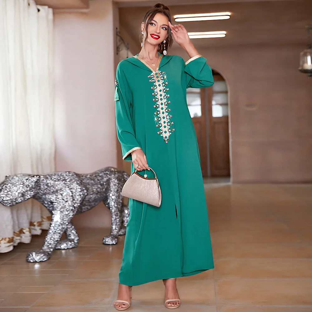 Free Shipping Green Hooded Beaded Tassel Dress - A Vintage V-Neck Fashion Muslim Women's Clothing  dresses for women 2023 summer