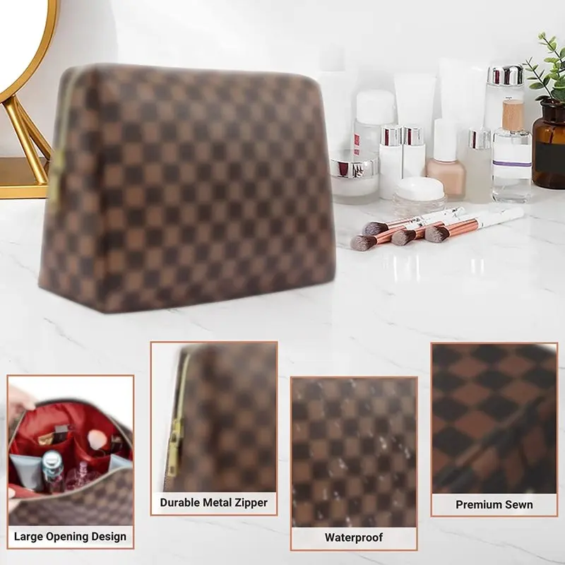 Checkered Makeup Bag,  2Pcs Travel Cosmetic Bags, Portable Toiletry Organizer for Women, Lightweight and Waterproof Leather Toil