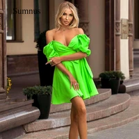 bright green mini prom dress off the shoulder pleats satin v neck party gown with belt sexy short women night dresses prom gowns