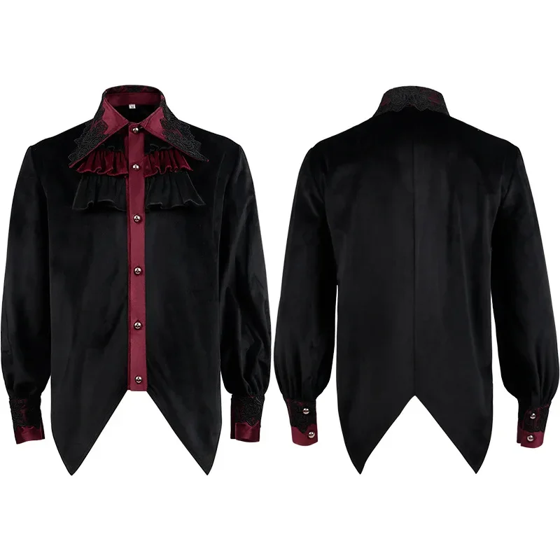 Мужская черная рубашка в стиле стимпанк 2025 фрак с кружевной отделкой и рюшами