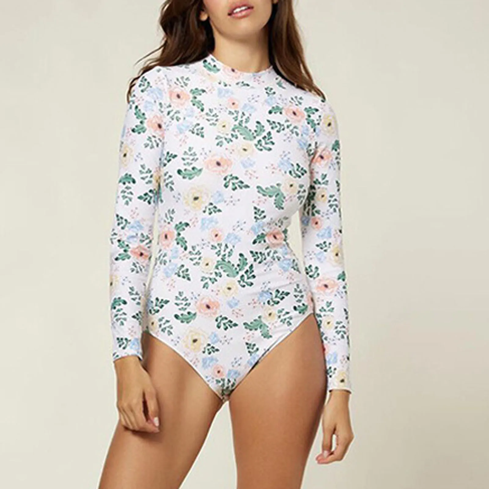 

Women Floral Print Swimsuit Beach Bikinis One Piece Long Sleeve Swimsuit High Waisted Monokini Bathing Suit Swimwear