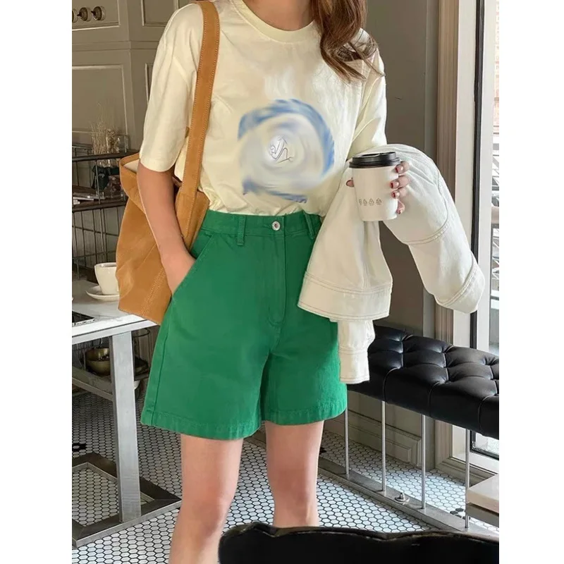 Summer Apricot High Waist Shorts for Women Casual Fashion Korean Loose Versatile Double Pockets Solid Short Pants 2023 New Style