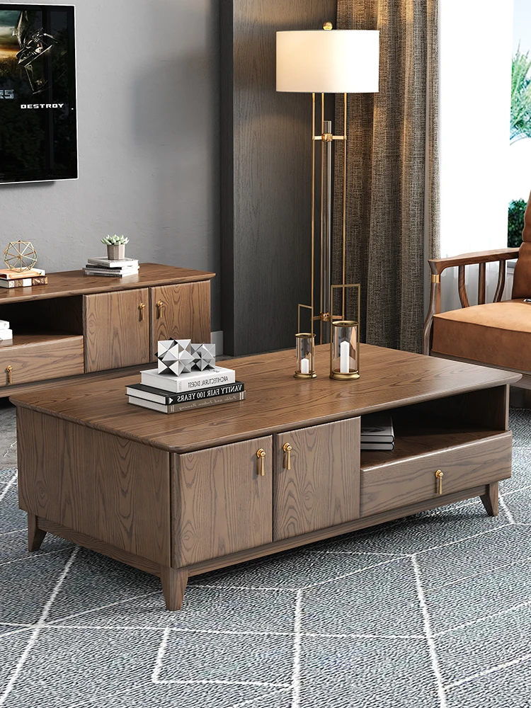 

Nordic solid wood tea table TV cabinet combination modern simple small family living room white wax wood rock plate storage tea