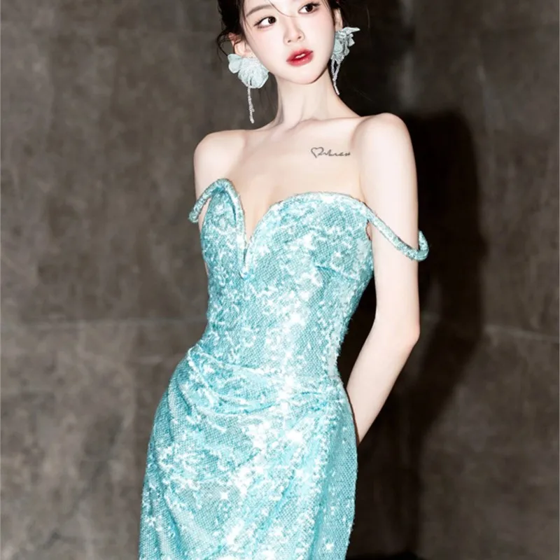 Новинка роскошное синее платье на одно плечо с блестками