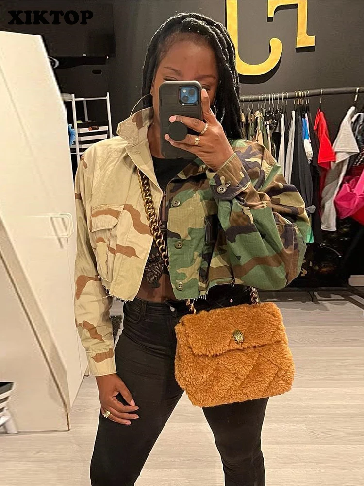 

XIKTOP Panelled Camo Cropped Jacket Women Fall 2023 Fashion Pockets Patchwork Coat Casual All-Matching Jackets Female Clothing