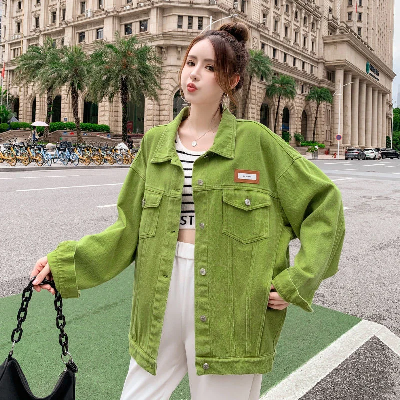 

2022 Autumn Oversized BF Vintage Woman Jacket Coat Casual Cowboy Crop Long Green Denim Jacket For Women Coats Women's Jackets