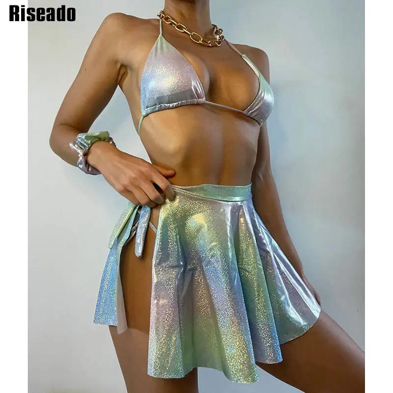 

Riseado, сексуальный комплект из 3 предметов, бикини, блестящий Купальник для женщин, 2022, пуш-ап, женский пляжный купальник с юбкой, купальный кос...