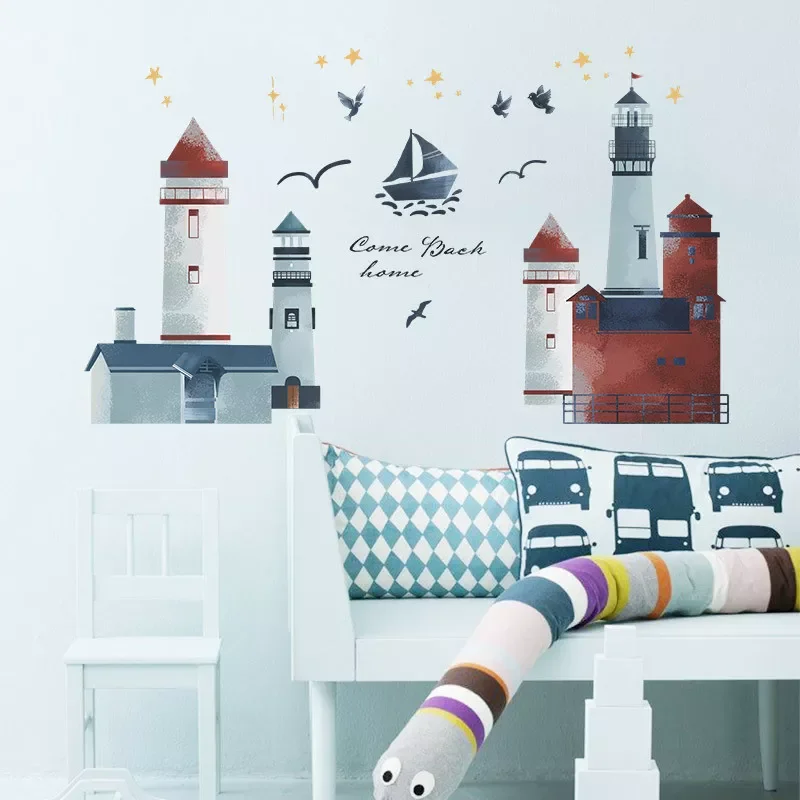 

NEW2022 Cartoon lighthouse seagull wall sticker Living room bedroom home decoration wallpaper kids room nursery Beautify decor s