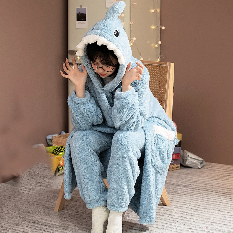 Cartoon Cosplay Shark Bathrobe Suit For Women Girls Hooded Pajamas Set Flannel Robe Sets Thick Dressing Gown Winter Nightgowns