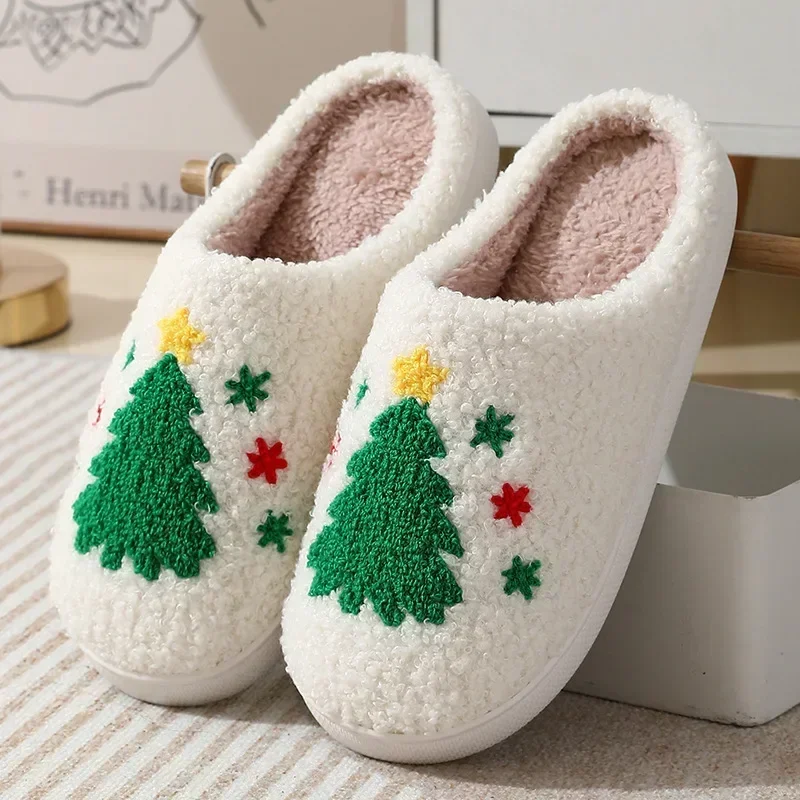 

Christmas Slippers Fluffy Home Cute Christmas Tree Cozy Plush Slippers Winter Warm Anti-slip Flats Cotton Slippers for Women