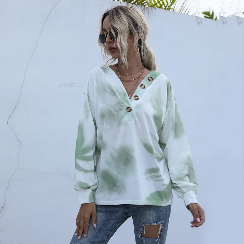 

Fashion Ladies Long Sleeve Cotton Tie Dye V-Neck Hoodies Sweatshirts Casual Winter Autumn Sweatshirt