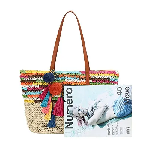 Large Straw Beach Tote Bag  Women with Pom Poms and Inner Pouch -Vegan Leather Handles (Bright Multi Color)