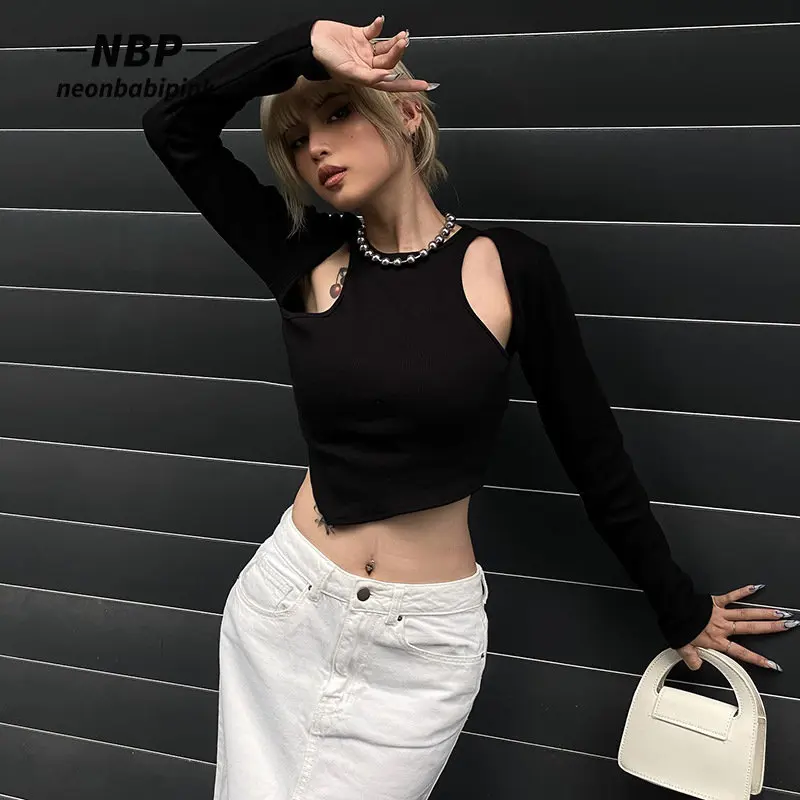 

Кроп-топ NEONBABIPINK с асимметричным вырезом Y2k, уличная одежда в стиле Харадзюку, сексуальные осенние облегающие футболки с длинным рукавом, черные, белые