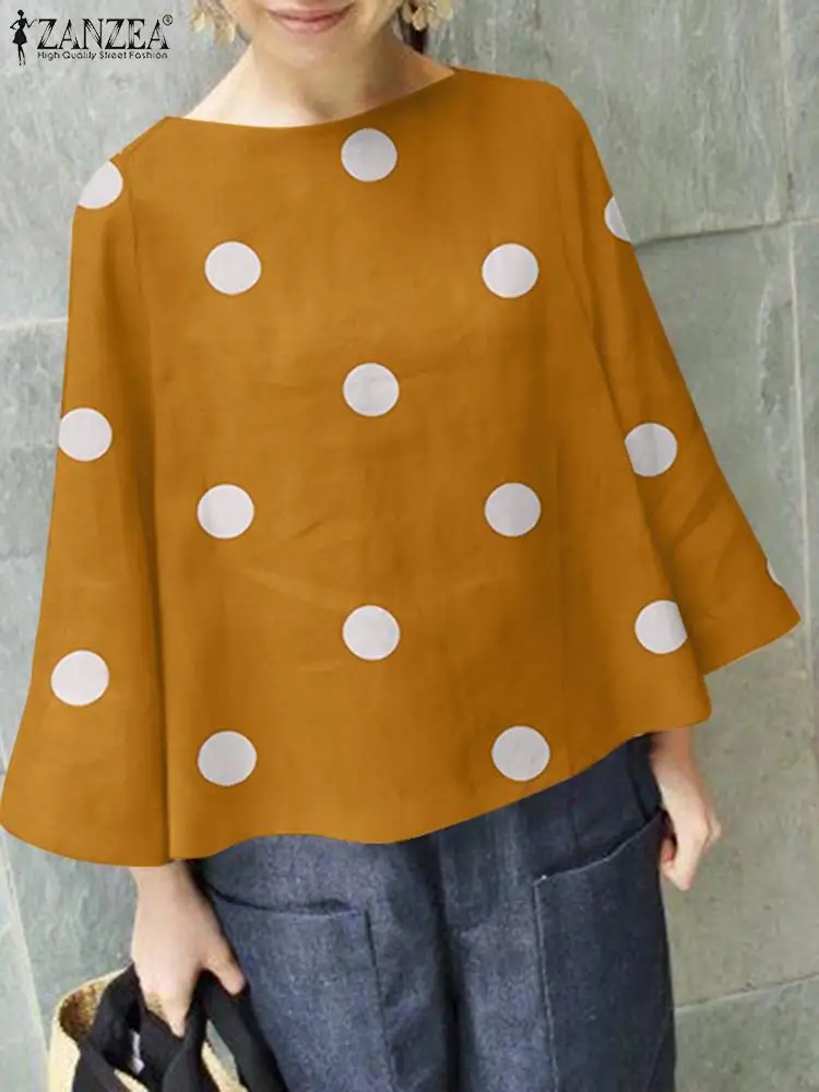 

ZANZEA Femme Elegant Casual Shirts Flare Sleeve Women's Blouse Bohemian Polka Dot Printed Tops Spring Holiday Chemise Oversized