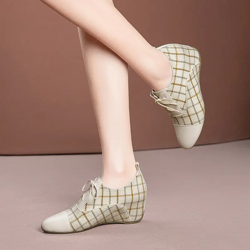 

Новинка 2022, женские туфли на танкетке FHANCHU, весенние туфли с острым носком, на шнуровке спереди, с сетчатым/клетчатым узором, бежевые, черные, ...