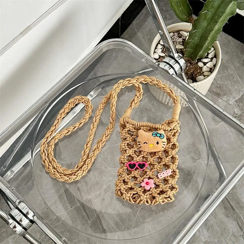 Sanrio Гавайская черная кожа Hello Kitty ручная работа плетеная Сумка для телефона