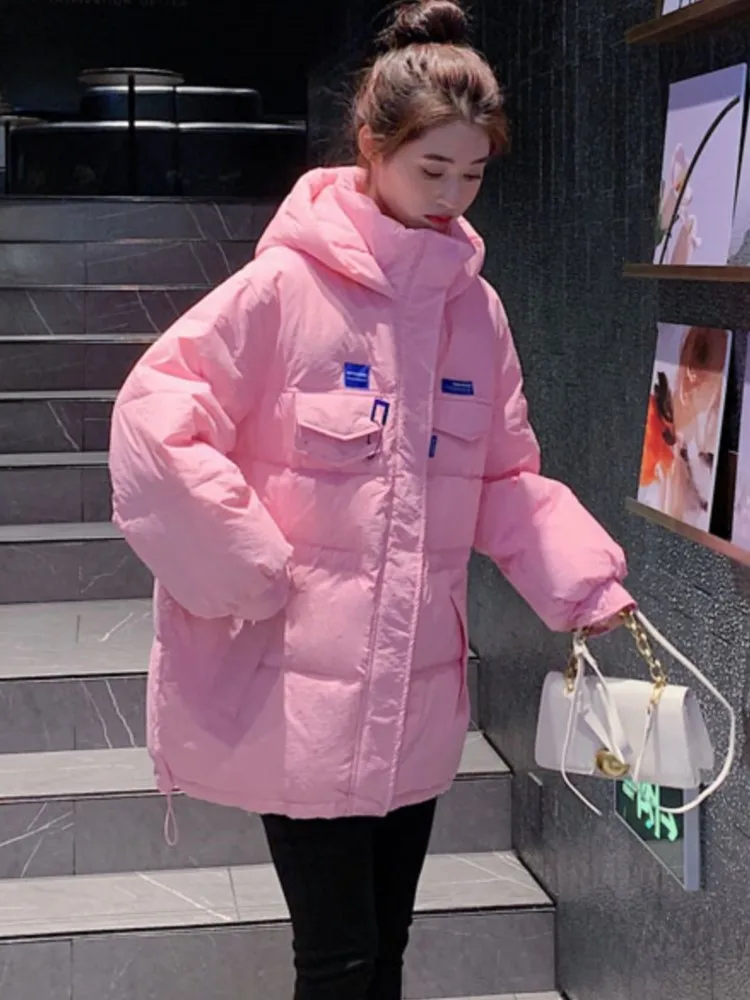 2022 Winter New Klein Blue Hooded Cotton Padded Quilted Coats For Women's Fashion  Oversize Jacket Overcoat Mujer Loose Parkas
