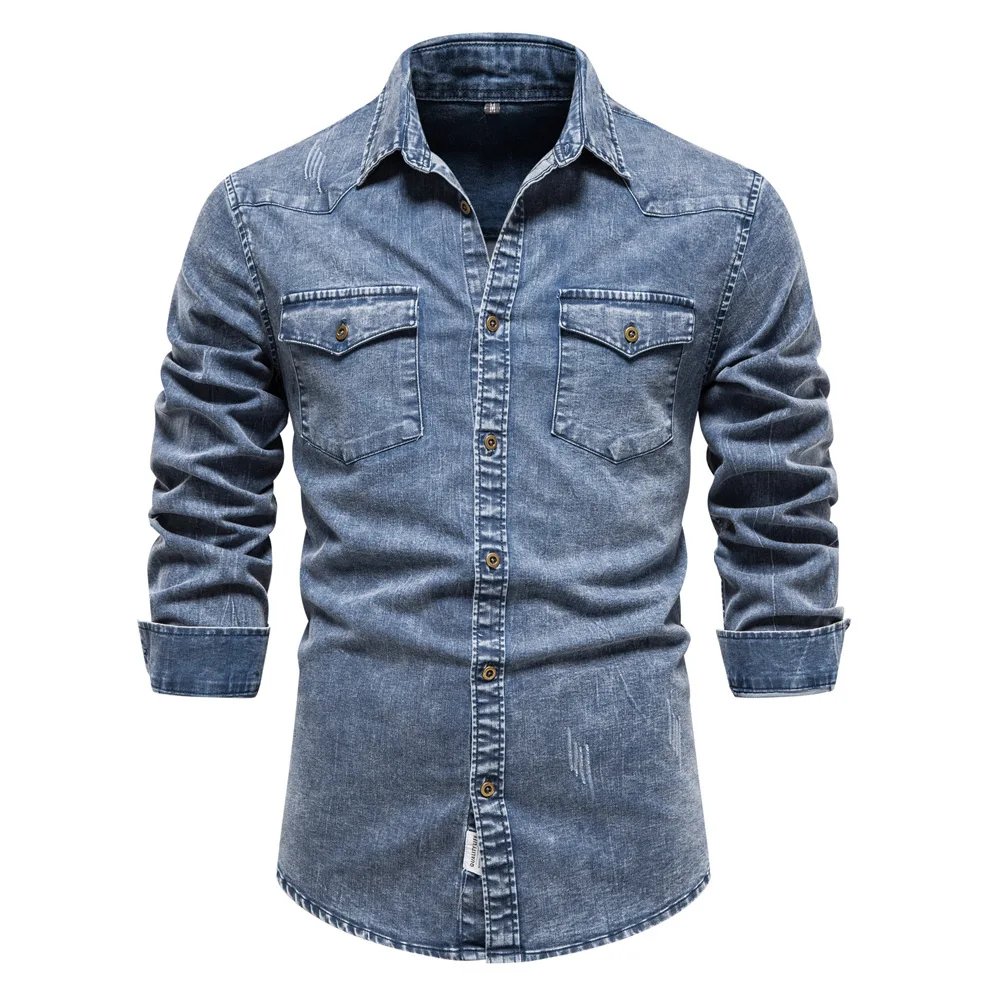 

Men's Long Sleeve Denim Shirts High Quality Heavy Washed Retro Style Men Autumn/Spring Shirts Fashion Slim Jeans Shirts