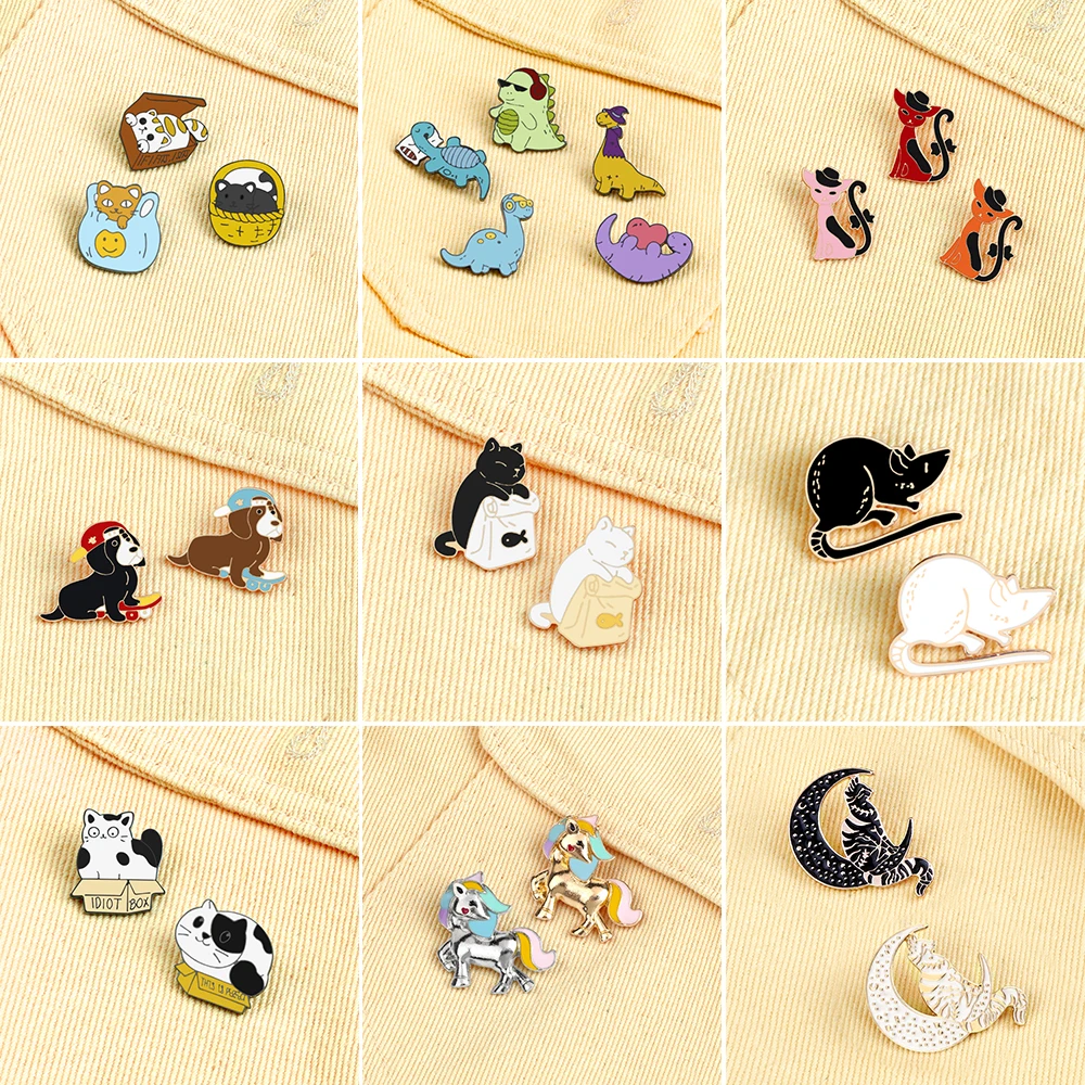 2-5Pcs/Set Cute Animal Enamel Pins High Quality Cat Mouse Horse Brooches Jeans Coat Lapel Pin Badges Jewelry Gift for Friend New