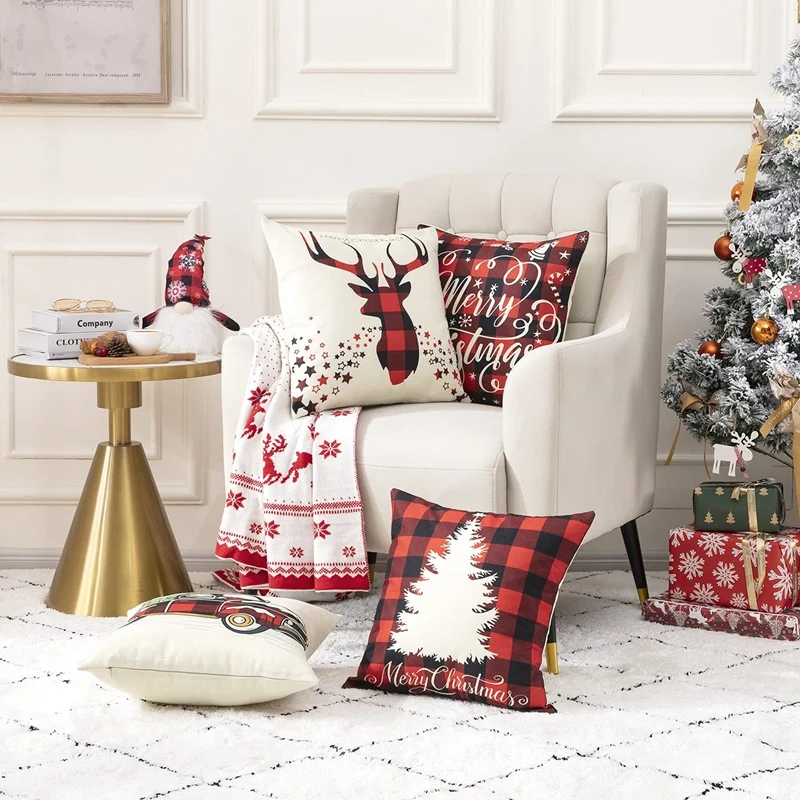 

Christmas Throw Pillow Covers Linen Buffalo Plaid Farmhouse Decor Throw Pillow Cases Retro Truck Deer Snowflake Covers