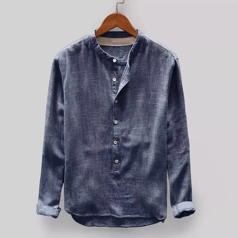 Men Fashion Shirt 2022 Spring New Long Sleeve Casual Solid Color Cotton Linen Stand Mens Shirts Clothes | Мужская одежда