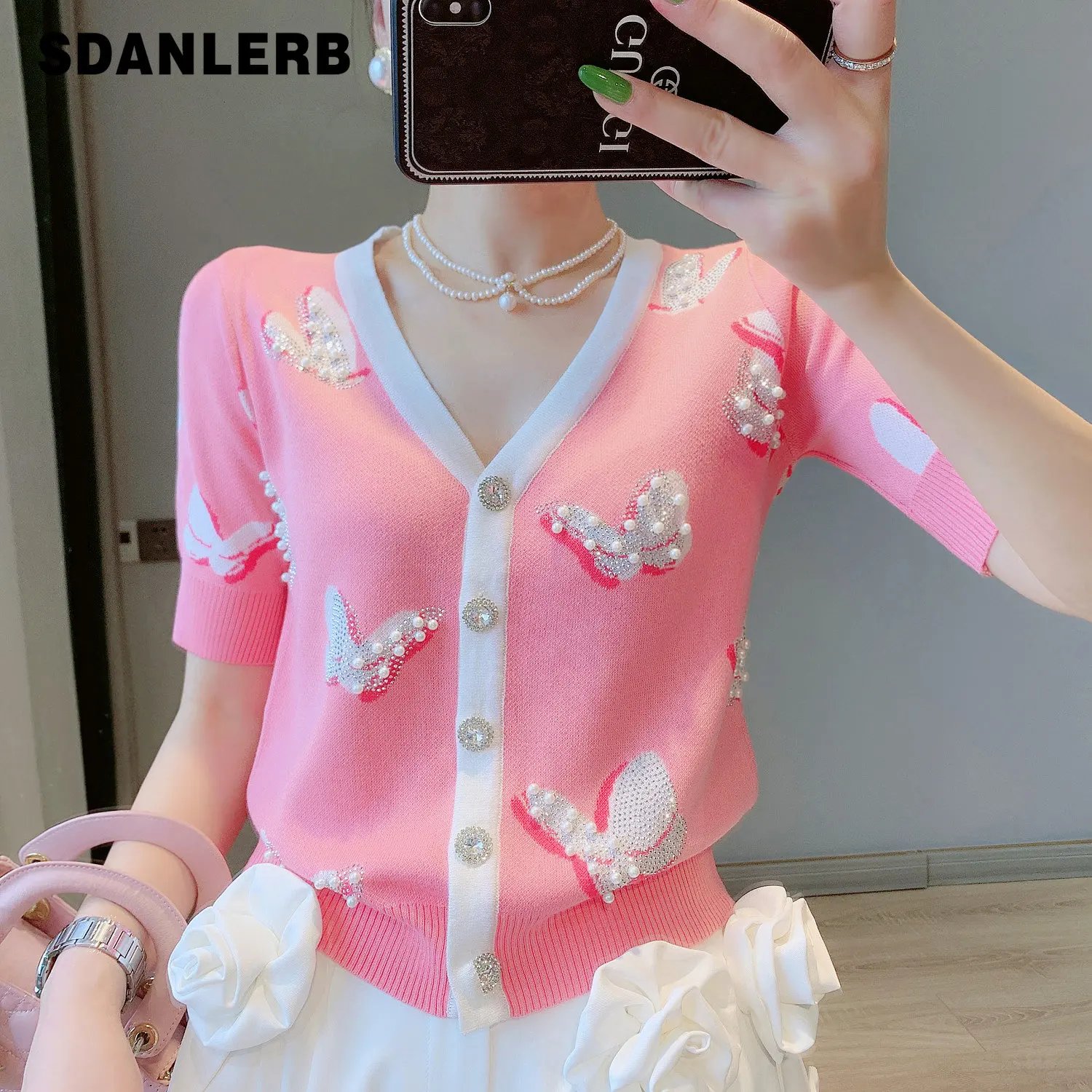 

2022 Summer New Short Sleeve V-neck Bead Rhinestone Bow Thin Ice Silk Cardigan Top Women's Pink Short Knitted T-shirt