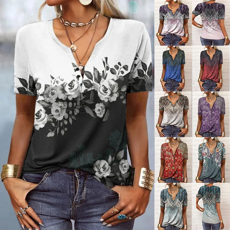 

2022 Spring Summer European American Women's New V-neck Casual Women's Short Sleeve Printed National Fashion T-shirt Women
