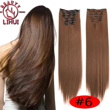 Long Straight Natural Black 16 Clip In Hair Extension 6 Pcs/Set 16 Clips Synthetic Hair Piece For Women 22 Inch 140G Lihui 1