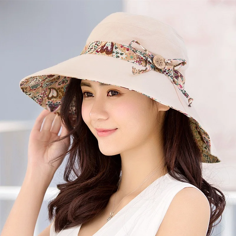 

Women's Summer Wide Brim Bucket Hats Ethnic Sunshade Bow Folded Cotton Panama Caps for Ladies Outdoor Beach Sun Fisherman Hat