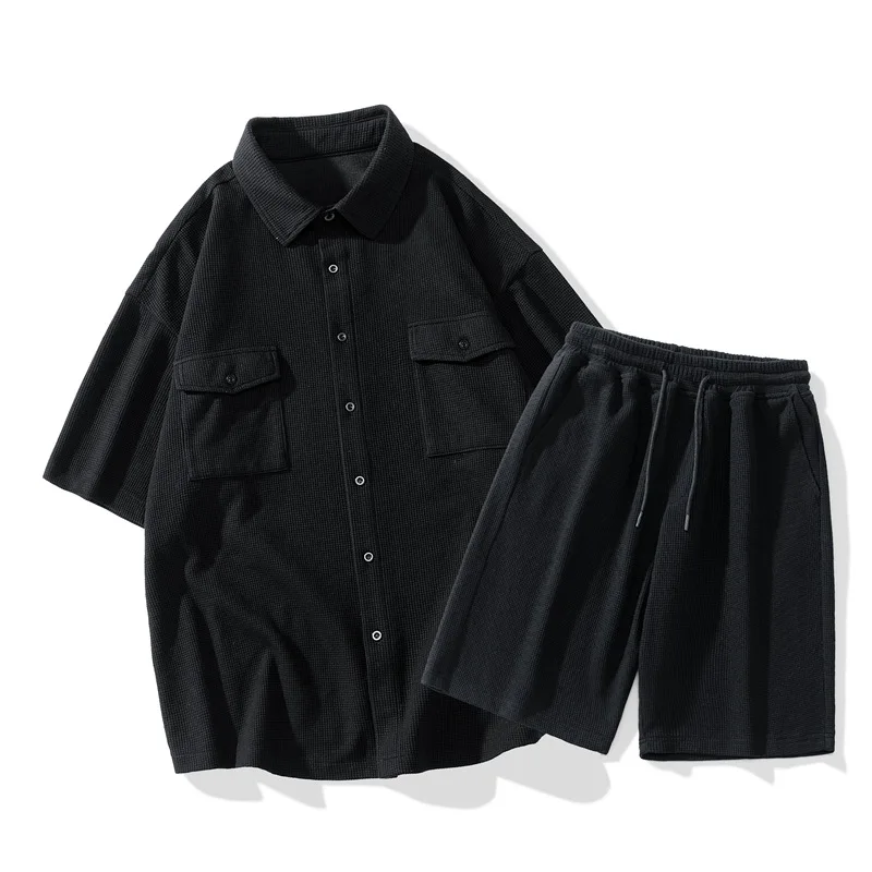 Summer green short-sleeved shirt suit men's trend casual shirt 2023 new tide brand plankton men's two-piece set