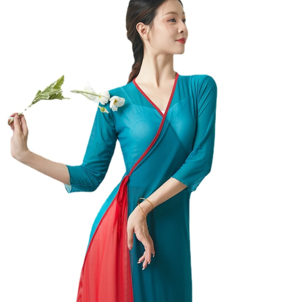 

Long Gauze Clothes Contrast Color Outer Wear Elegant Performance Costume Exercise Clothing Dance Chinese Style Classical