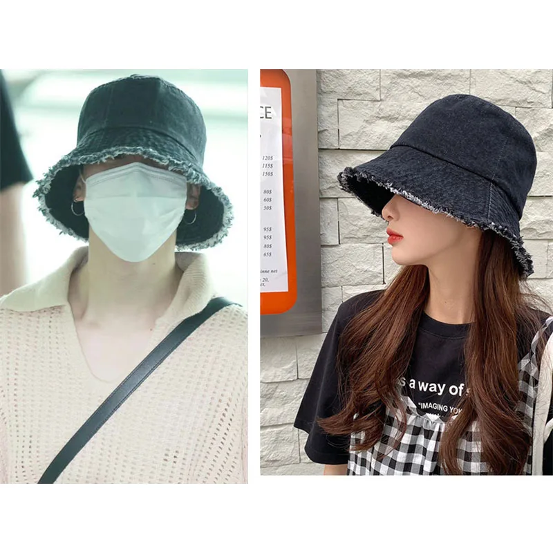 

Панама в стиле K-POP, модная ВИНТАЖНАЯ ДЖИНСОВАЯ Панама с рюшами, летняя повседневная шляпа от солнца в стиле унисекс, декоративные подарки для фанатов 34i