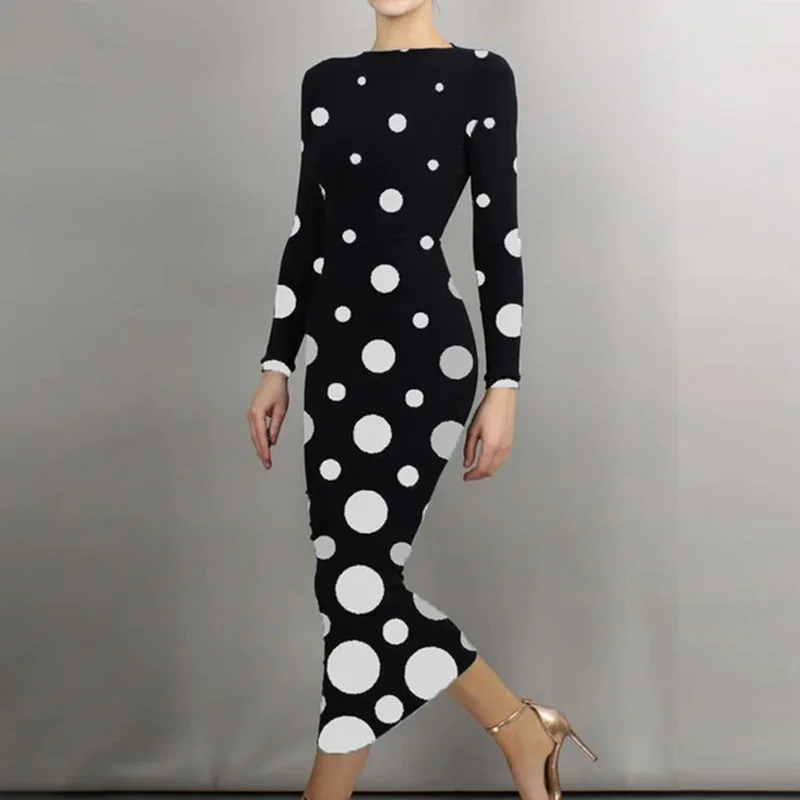 

Spring Autumn Casual Women Long Dress Fashion Polka Dot Long Sleeve Tight Slim Dress Elegant O-Neck Office Lady Party Dress 2023