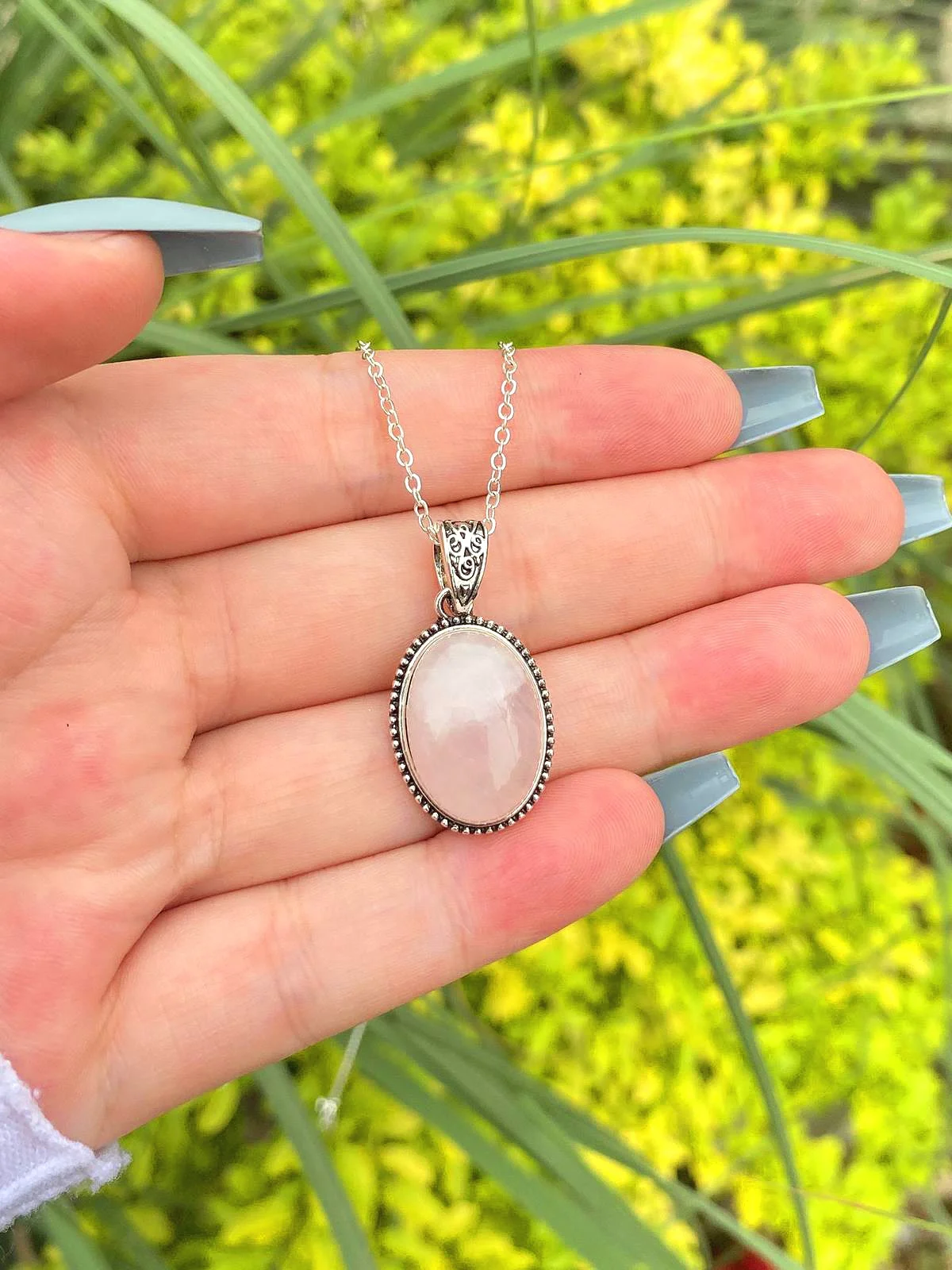 

ANGLANG Rose Quartz Silver Colour PENDANT Natural Handmade Stone Chain Necklace Bride Wedding Engagement Fine Jewelry