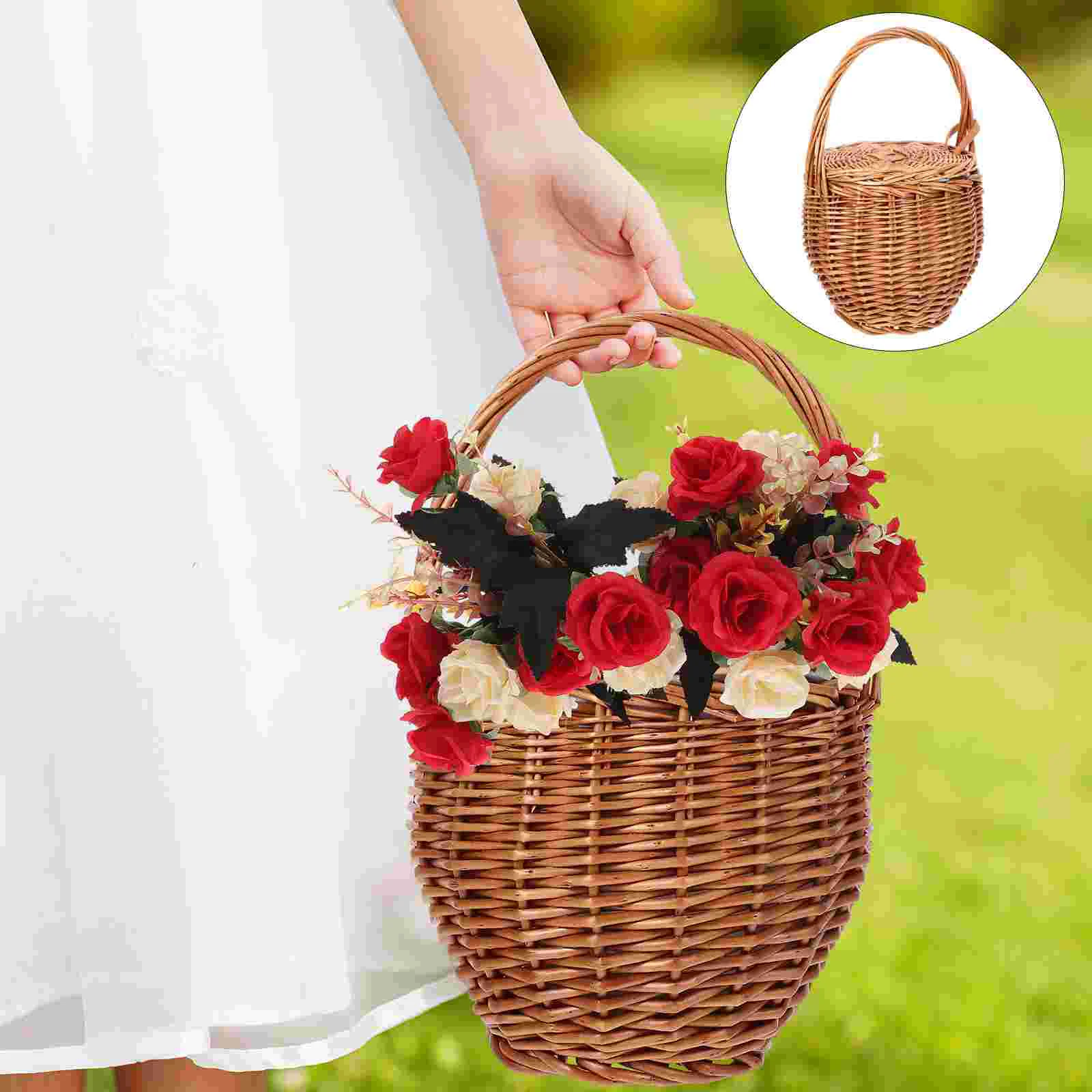 

Woven Wicker Flower Basket Picnic Food Carrying Basket Woven Basket with Handle